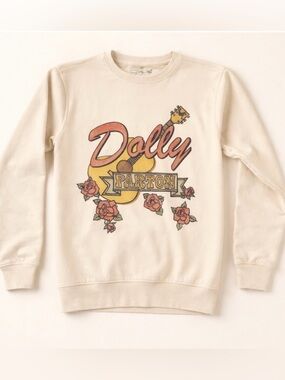 Dolly Parton / Cream Crewneck with ‘Dolly Parton’ Graphic Logo / Roses, Guitar